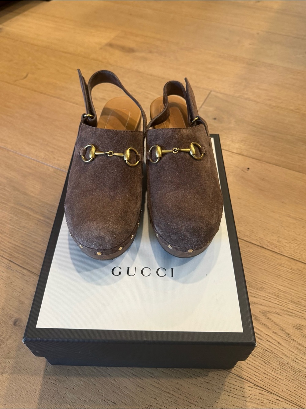Gucci Brown Suede Horsebit Studded Slingback Clogs